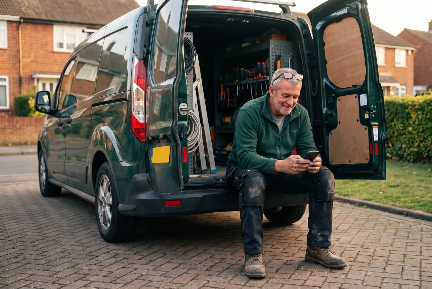 A tradesman sitting on the back step of his van, smiling at his month's figures on his phone